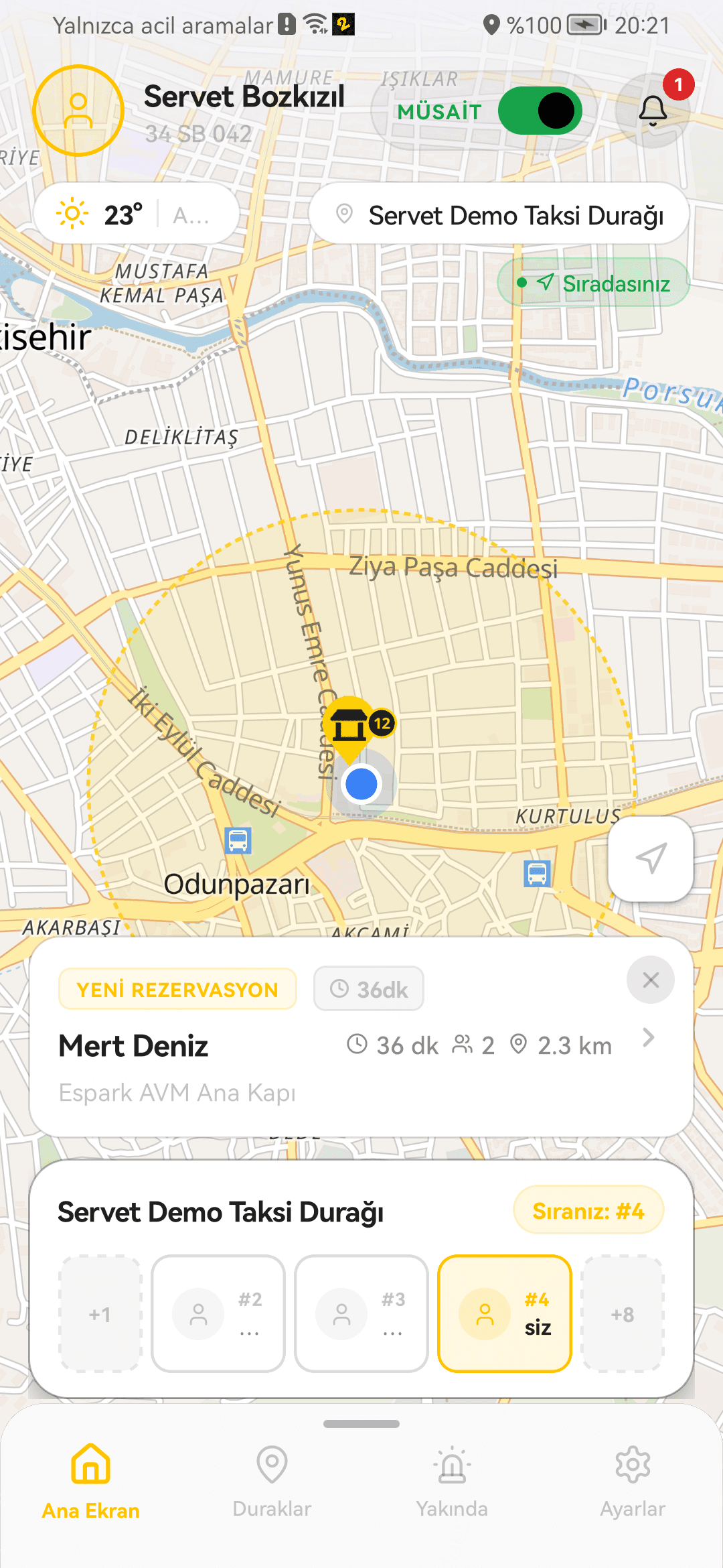 Servet Bozkızıl demo hesabında sıra ve rezervasyon gösteren ana harita ekranı