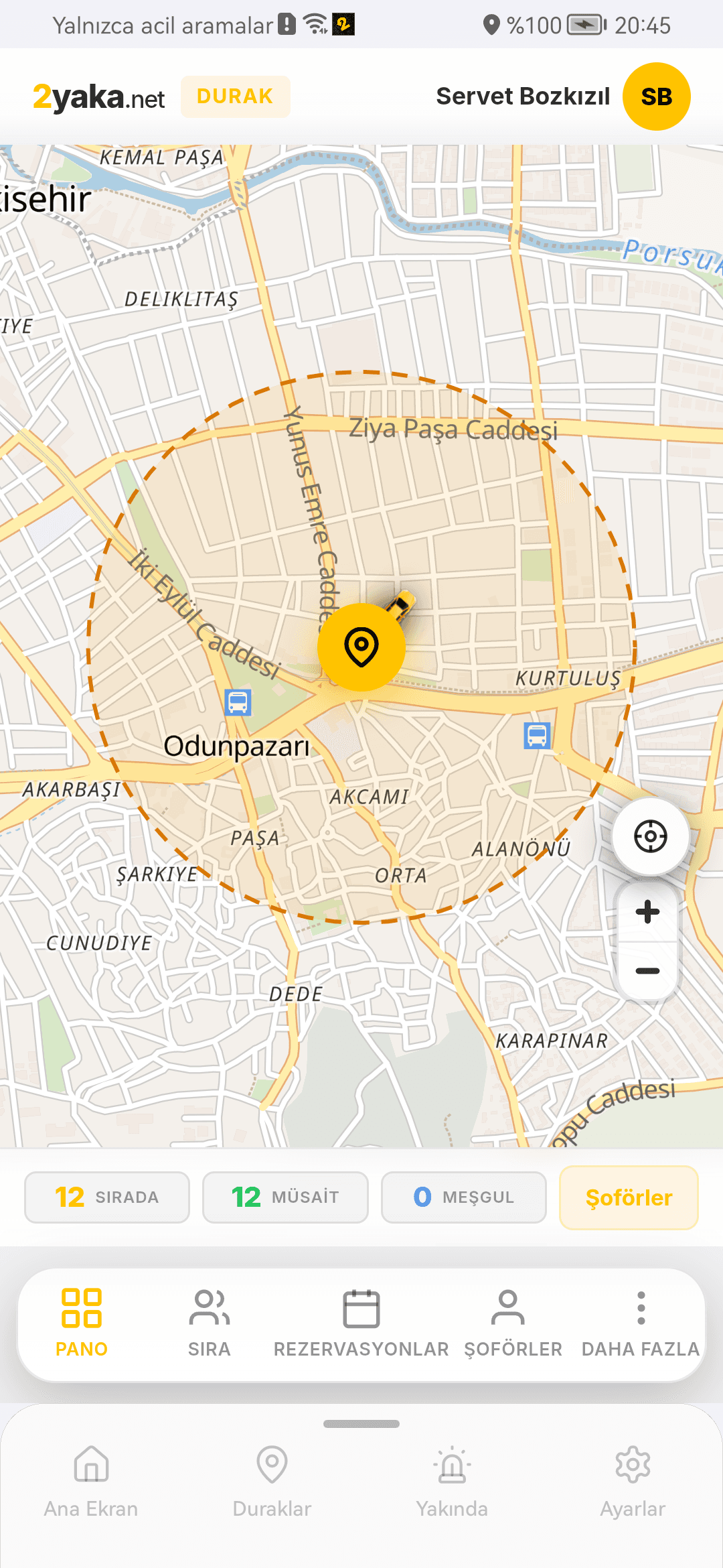 2yaka.net mobil uygulama içinden açılan durak paneli ekranı